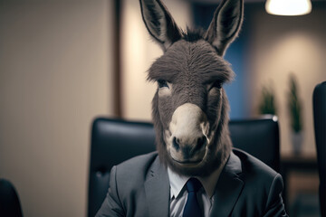 Wall Mural - a donkey in a suit in an office, ai generated