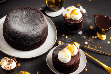 Wall Mural - chocolate brownie cake with whipped cream lies on a white plate, generative AI