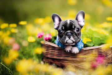 Wall Mural - little cute french bulldog puppy sitting in a wicker basket with colorful flowers in a colorful meadow, generative ai