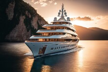 A Luxury Mega Yacht With Golden Glass In The Ocean At A Sunset, Generative Ai