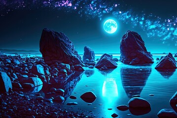 Wall Mural - A future landscape in the dark. An image of the moon reflected on the ocean. Gravel, beach rocks, and seashells all fit this category. the blue of neon lights. Ambience of the nighttime. Generative AI