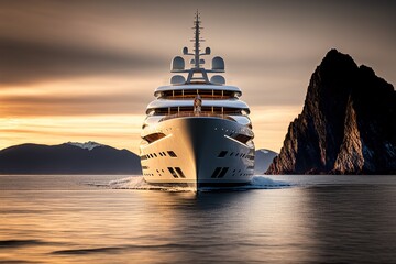 A luxury mega cruise ship in the ocean at a sunset with mountains in the background, front view, generative ai