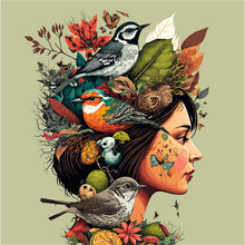 Illustration Of Girl With Flower On Her Head And Birds Vector Isolated