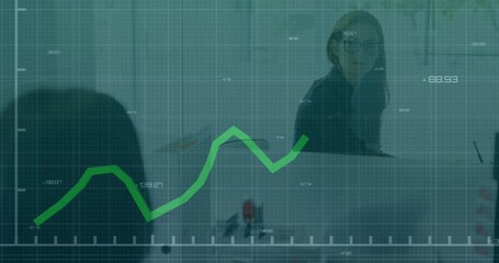 Wall Mural - Animation of statistical data processing over two diverse female colleagues discussing at office