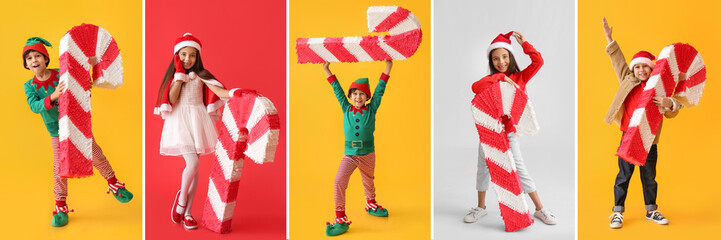 Sticker - Set of children with Christmas candy cane pinatas on color background