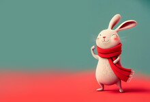 Cute Rabbit With Red Scarf Cartoon Character On Pastel Background Image Created With Generative AI Technology.