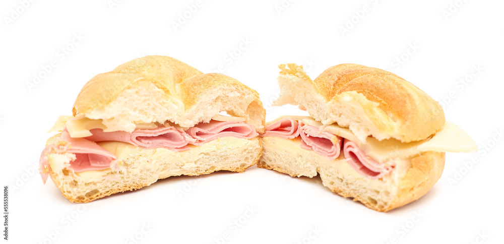 Halves of delicious kaiser roll with ham and cheese on white background