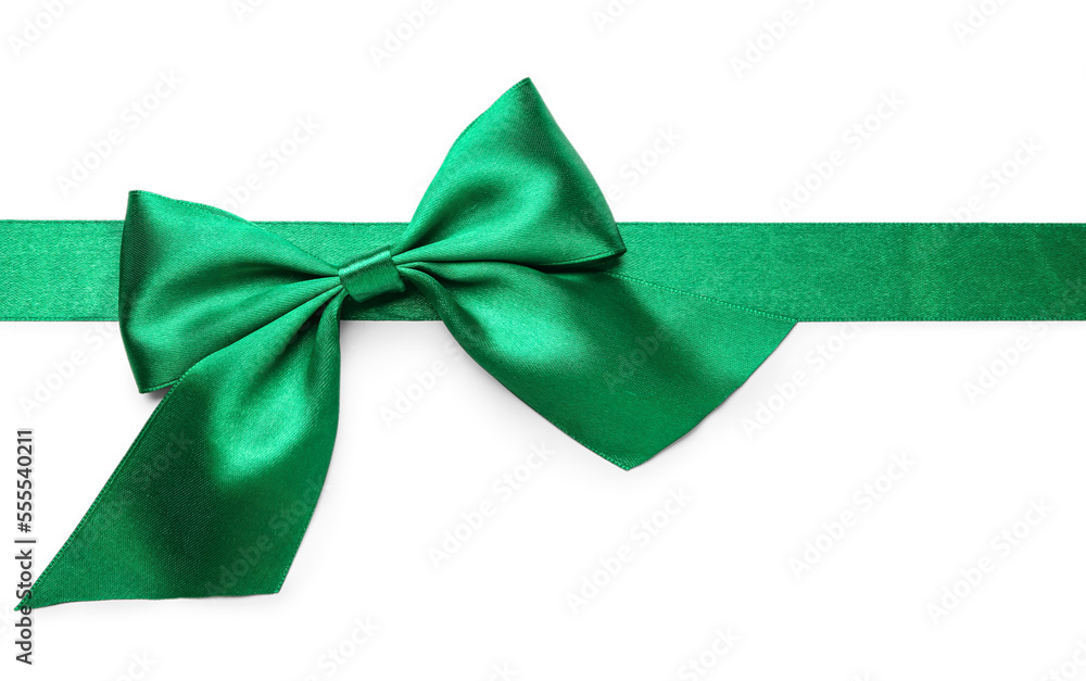 Green ribbon with beautiful bow on white background, closeup