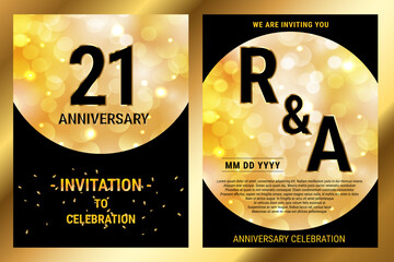 21th years birthday vector black paper luxury invitation double card. Wedding anniversary celebration brochure. Template of invitational for print black and gold background