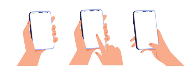 Female hand holding smartphone, empty screen, phone mockup, application on touch screen device. Vector illustration.