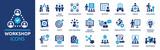 Fototapeta  - Workshop icon set. Containing team building, collaboration, teamwork, coaching, problem-solving and education icons. Solid icon collection.