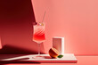 Cocktail with an aperitif on a pink backdrop. Background with sunlight and shadows. basic pink and white. Generative AI