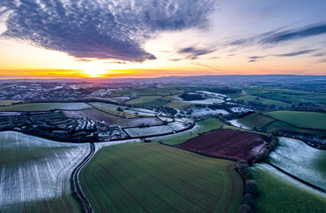 Sticker - Sunset over Frosty fields and farms from a drone, Torquay, Torbay, Devon, England, Europe