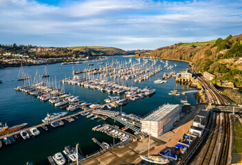 River Dart and Dartmouth from a drone, Darthaven Marina and Waterhead Creek, Kingswear, Devon, England