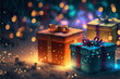 © Kelly Cree - Illuminated Colorful Wrapped Christmas Gift Boxes surrounded by Lights and Snow in a Winter Wonderland with Bokeh Generative AI