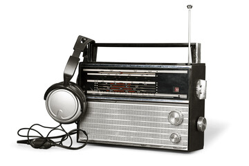 Sticker - Black old retro portable radio and headphones