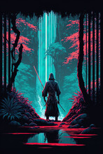 A Samurai Stands Near A Waterfall Illustration Digital Paining, Pink And Cyan Color Scheme, Colorful- Generative Ai