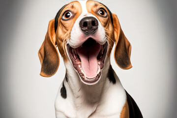 Canvas Print - Adorable beagle dog, isolated over a white background, facing the camera. Studio portrait of a joking and content dog with its tongue hanging out on a white background. Generative AI