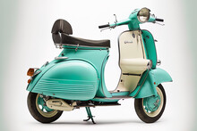 Italian Vespa Motorbike From 1959, Isolated On A White Backdrop, In Teal. Generative AI