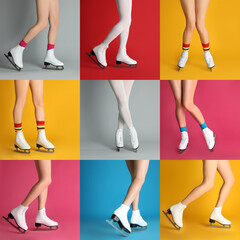 Sticker - Collage with photos of women in ice skates on different color backgrounds, closeup view of legs