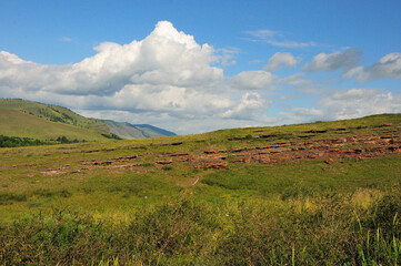 Wall Mural - The remains of an ancient stone wall running along the top of a high hill on a warm summer day.