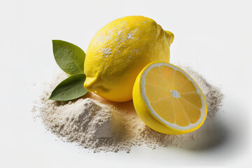 Fresh lemon fruit with sodium bicarbonate powder isolated on a white backdrop. Generative AI