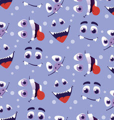 Wall Mural - Monster seamless pattern. Repeating design element for printing on fabric. Fairy tales, imagination and fantasy, fictional character. Poster or banner for website. Cartoon flat vector illustration