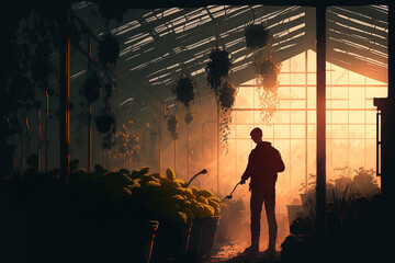 Sticker - worker in shadow watering plants in a greenhouse in the early morning. worker tends to the gardener's plant. growing of flowers in a greenhouse. Creating blooms. crops of plants in a greenhouse