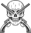 Vintage monochrome bandit gangster skull with crossed hunting sawn-off shotgun isolated illustration