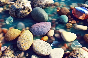 Wall Mural - Sunset on the beach and Colorful pebbles 