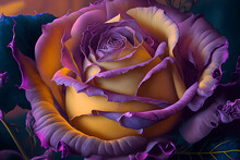 Beautiful Violet And Yellow Rose In Realistic Painting Art Style, Close Up View	