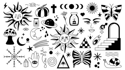 Wall Mural - Magic background in retro style with hand drawn elements. Decorative mystical vector isolated pattern. editable stroke stickers. Esoteric element in minimalism. Collection of occult symbols tattoo art