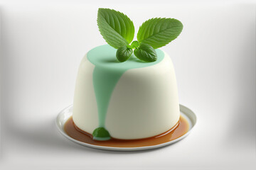 Wall Mural - small panna cotta dessert with one mint leaf on top