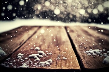 Poster - Wooden table with snow texture background