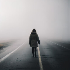 Woman walking down empty road in fog