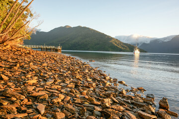 Sticker - Stony foreshore in Marlborough Sounds bay at sunrise