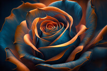 Beautiful Realistic Blue And Orange Rose, Closeup View, Art Graphic Wallpaper Background