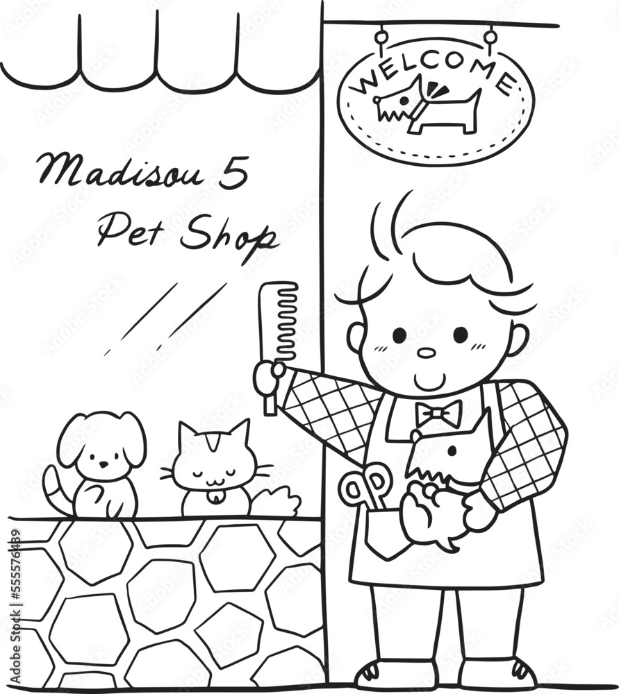 Grooming Line Drawing cartoon cat grooming shop doodle kawaii anime coloring page cute ...