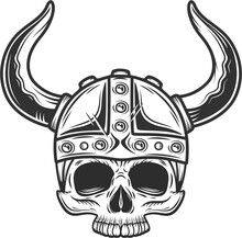 Vintage Viking Skull Without Jaw With Horned Helmet Monochrome Isolated Illustration