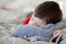 Cute Young Boy Taking A Nap On The Bed Using His Plush Toy As A Pillow