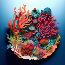 A Colorful Cut Paper Coral Reef In The Shape Of A Circle. [Digital Art, Papercraft. Nature / Sci-Fi / Fantasy Background, Graphic Novel, Postcard, Or Product Image]