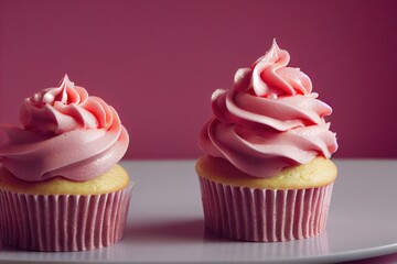  two cupcakes with pink frosting on a plate on a table with a pink background and a pink wall. Generative AI