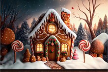  A Painting Of A Gingerbread House With Candy Canes And Candy Canes In Front Of It And A Full Moon In The Sky.