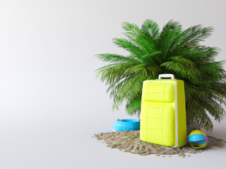 Wall Mural - Vacation background. Beach with palm tree, Luggage suitcase, inflatable circle, ball, sand. 3d render illustration. Unusual Tropical background. Traveling summer concept. Summer beach vacation scene 
