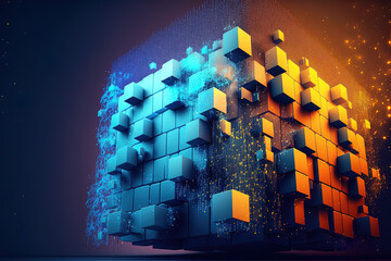 Hi tech A cubic array of square blocks is arranged against a backdrop of information fields. Blockchain abstract idea artwork. Learnability of artificial intelligence. Generative AI