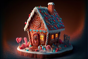 Canvas Print -  a gingerbread house with candy and candies on a table top with a red background and a black background. Generative AI