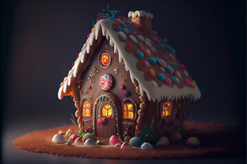 Canvas Print -  a gingerbread house with a lit up window and door and candy decorations on the roof and side of the house. Generative AI