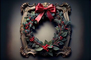 Poster -  a christmas wreath with holly and red berries in a frame with a bow on it. Generative AI