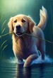  a dog is holding a stick in the water and smiling at the camera while standing in the water with grass in its mouth. Generative AI