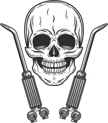 Welder skull from a new construction site with two gas welding torches. Repair tools in monochrome style isolated illustration